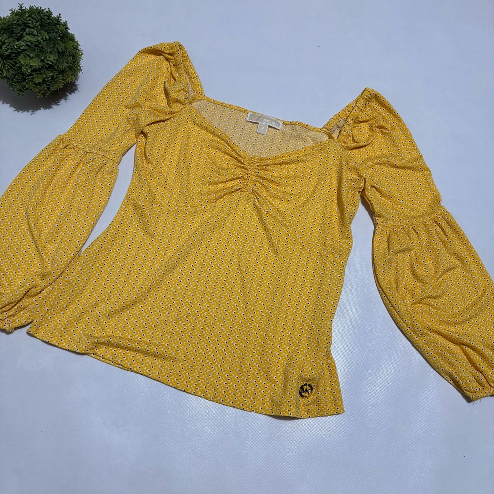 Michael Kors Yellow Peasant Cottagecore Bar Maid Long Sleeve Sweetheart Top M